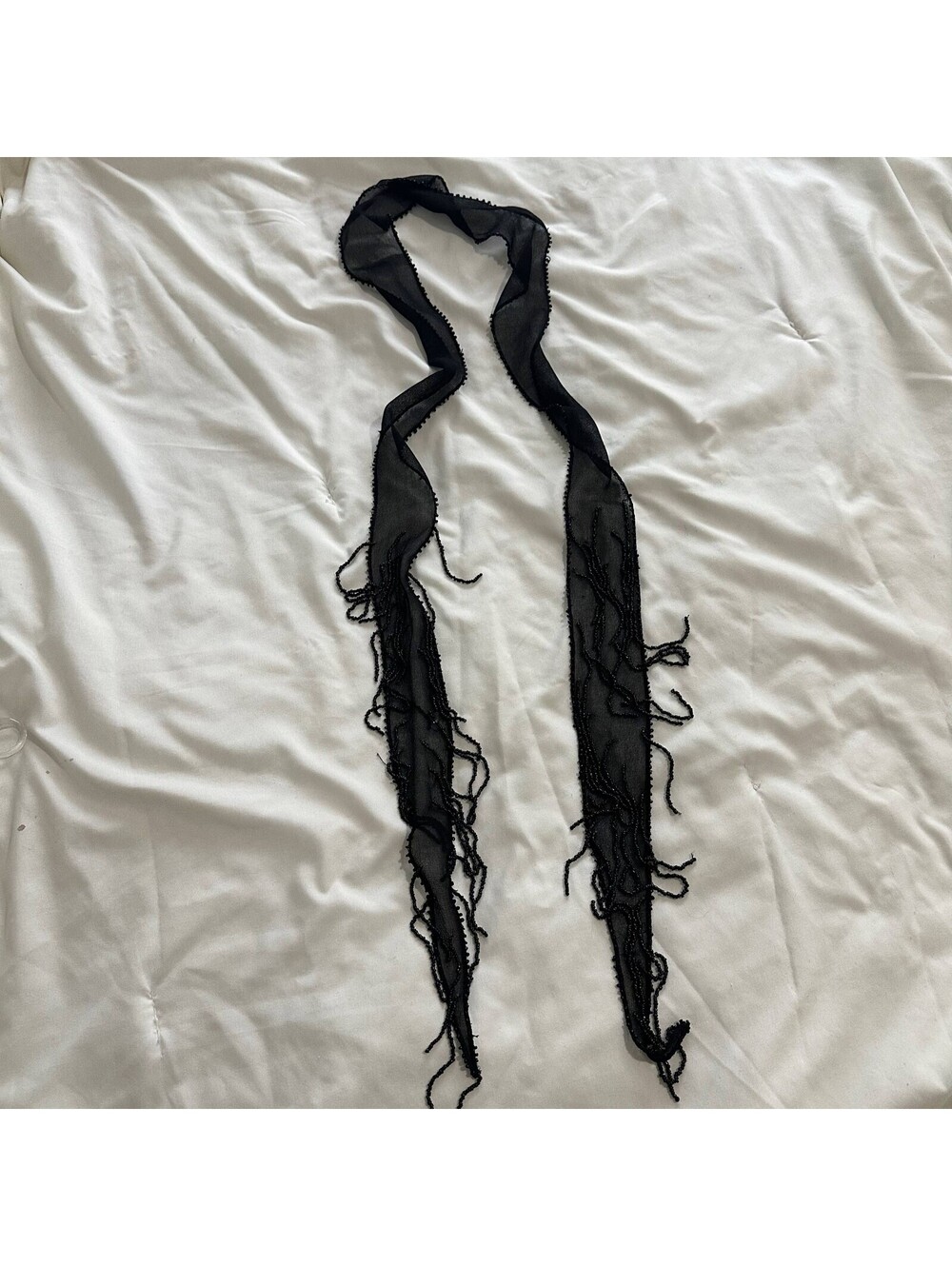 Vtg Black Sheer Skinny Scarf Beaded Fringe Elegant Romantic Evening Accessory